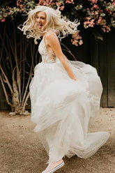 A-Line V-Neck See-Through Tulle Boho Wedding Dress